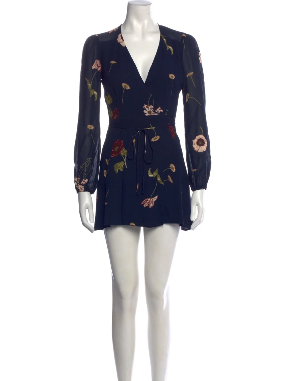 Floral V-Neck Long Sleeve Mini Dress - navy